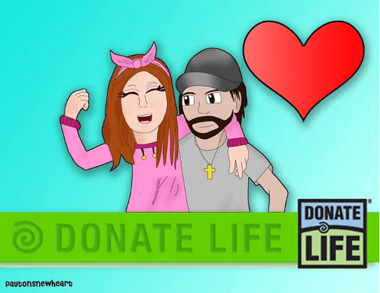 An animated illustration of a happy couple. The woman is wearing a pink top with a headband, flexing her arm, while the man, wearing a grey cap and a cross necklace, smiles and stands next to her. The background features a green banner with 'DONATE LIFE' in bold letters and a red heart symbol.